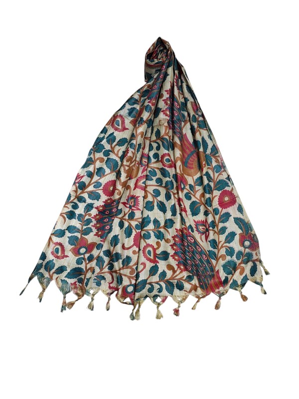 Green & Maroon Kalamkari Print Cotton Silk Dupatta for Women