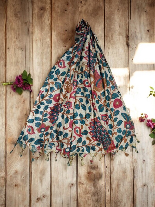 Green & Maroon Kalamkari Print Cotton Silk Dupatta for Women