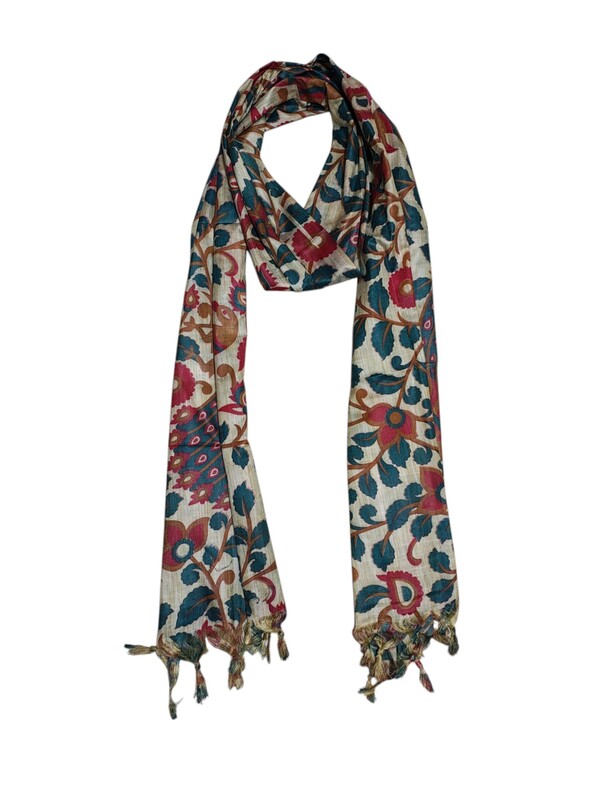 Green & Maroon Kalamkari Print Cotton Silk Dupatta for Women