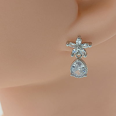 Crystal Stone Teardrop Silver Earrings