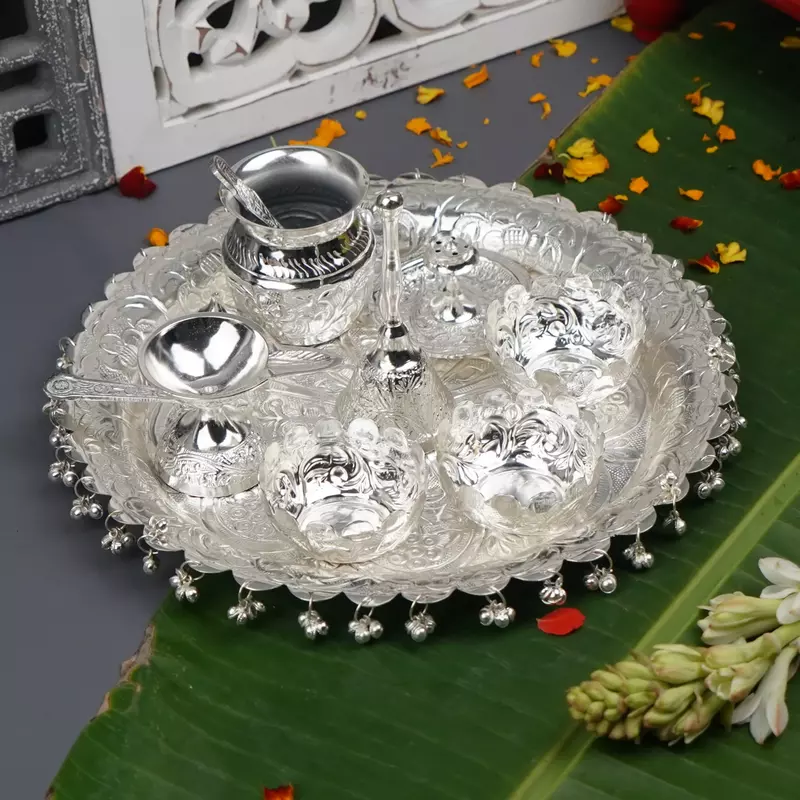 Silver Plated Thali Set 11" | Luxury Edition Pooja Thali Set of 10