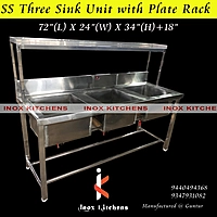 SS Three Sink Unit with plate rack