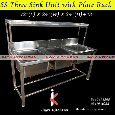 SS Three Sink Unit with Overhead Shelf
