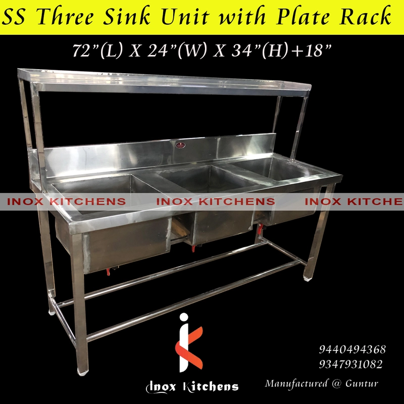 SS Three Sink Unit with Overhead Shelf