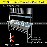 SS Three Sink Unit with plate rack