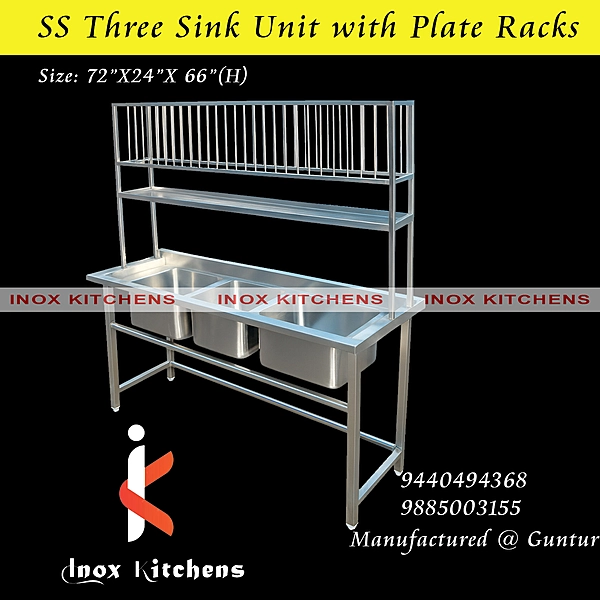 SS Three Sink Unit with plate rack
