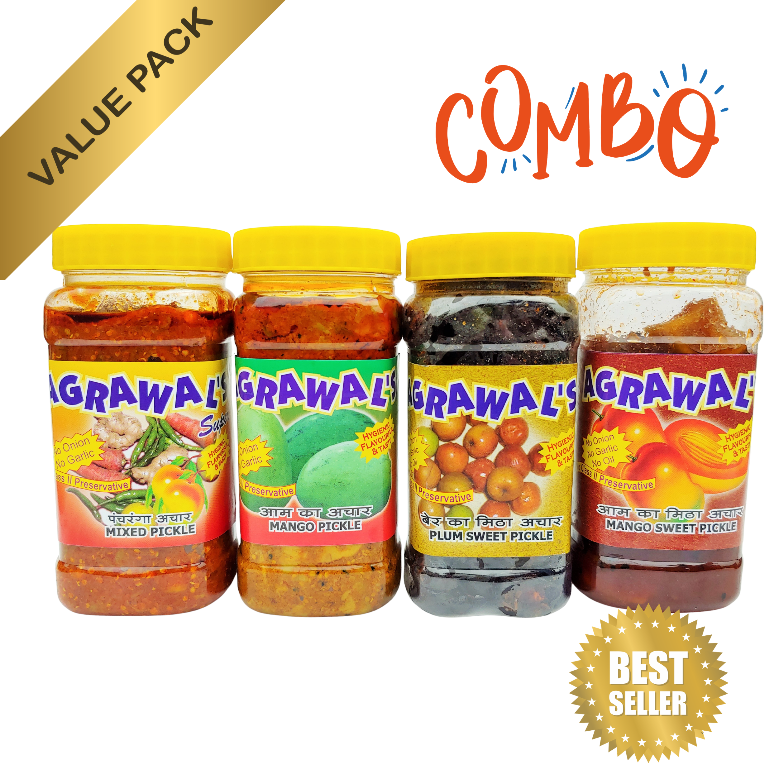 AGRAWAL'S Classic Pickle Combo - Mango, Mixed, Plum, Mango Sweet Pickle - 1750 GMS Pack of 4