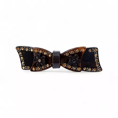 Elegant Tortoiseshell Brown Bow Crystal Hair Barrette Clip