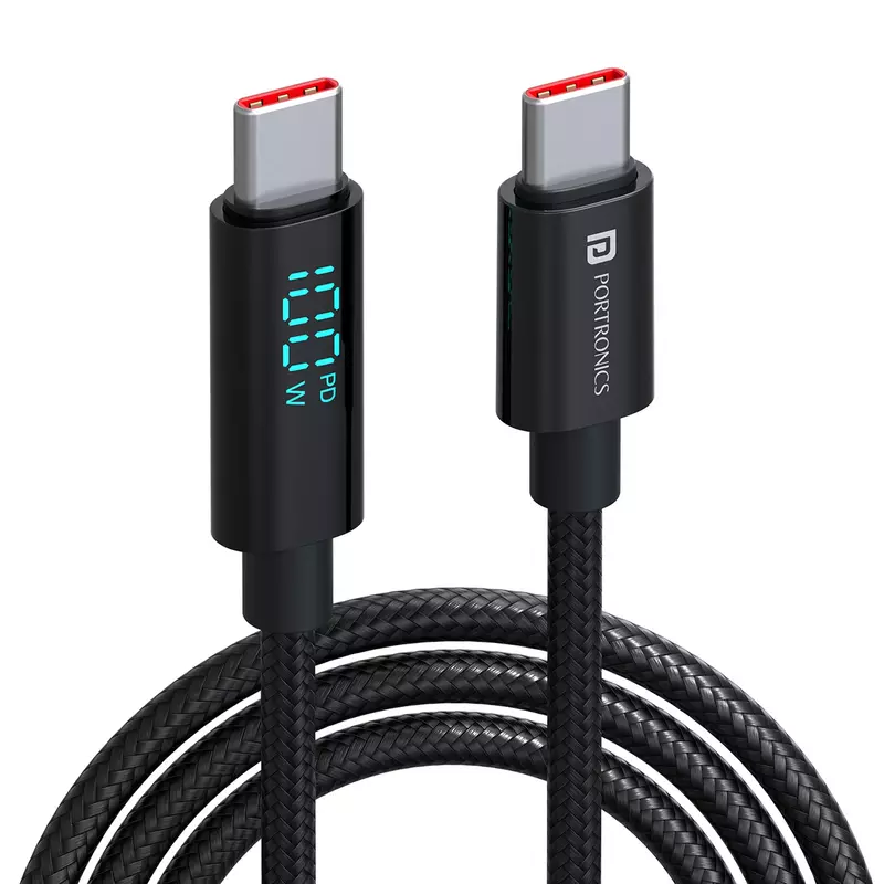 Konnect View 100W PD Type C to Type C Cable – 2M, LED Display, E-mark Smart Chip, Nylon Braided