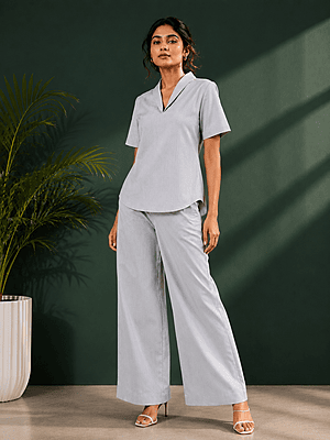 Women's Mist Grey Cotton Denim Co-Ord Set | Shawl Collar Top & Wide-Leg Palazzo Pant Women's Mist Grey Cotton Denim Co-Ord Set | Shawl Collar Top & Wide-Leg Palazzo Pant