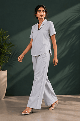 Women's Mist Grey Cotton Denim Co-Ord Set | Shawl Collar Top & Wide-Leg Palazzo Pant Women's Mist Grey Cotton Denim Co-Ord Set | Shawl Collar Top & Wide-Leg Palazzo Pant