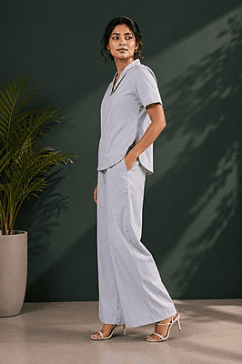 Women's Mist Grey Cotton Denim Co-Ord Set | Shawl Collar Top & Wide-Leg Palazzo Pant Women's Mist Grey Cotton Denim Co-Ord Set | Shawl Collar Top & Wide-Leg Palazzo Pant