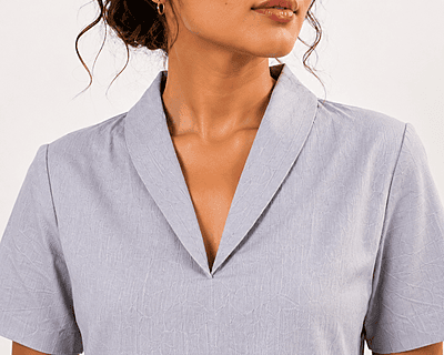 Women's Mist Grey Cotton Denim Co-Ord Set | Shawl Collar Top & Wide-Leg Palazzo Pant Women's Mist Grey Cotton Denim Co-Ord Set | Shawl Collar Top & Wide-Leg Palazzo Pant