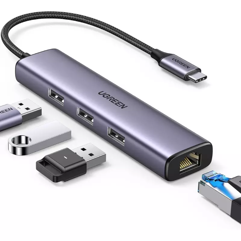 UGREEN USB-C 3-Port USB 3.0 Hub with Gigabit Ethernet Adapter | Plug & Play