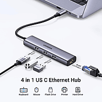 UGREEN USB-C 3-Port USB 3.0 Hub with Gigabit Ethernet Adapter | Plug & Play