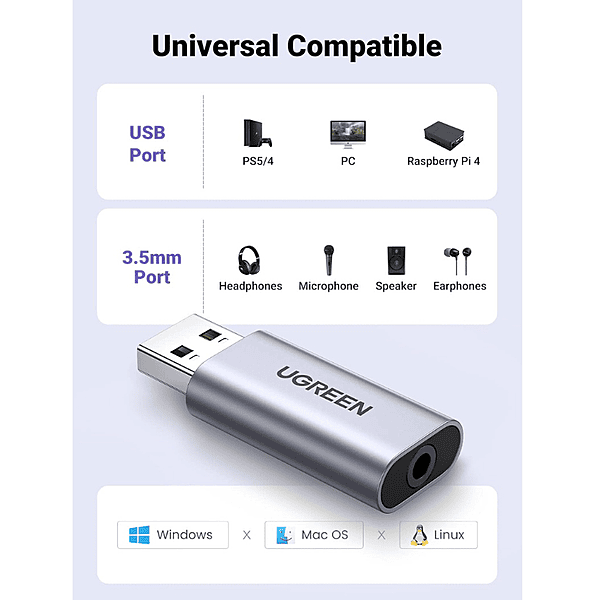 UGREEN USB 2.0 to 3.5mm Audio Adapter – External Sound Card | Plug & Play