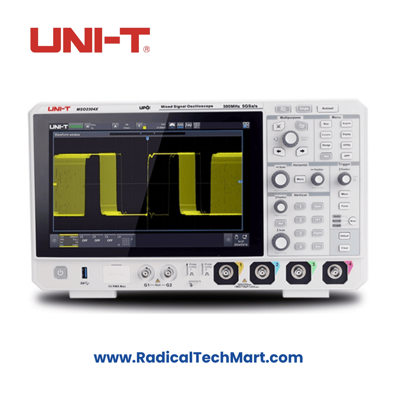 UNI-T MSO2104X Mixed Signal Oscilloscope front view with touchscreen display