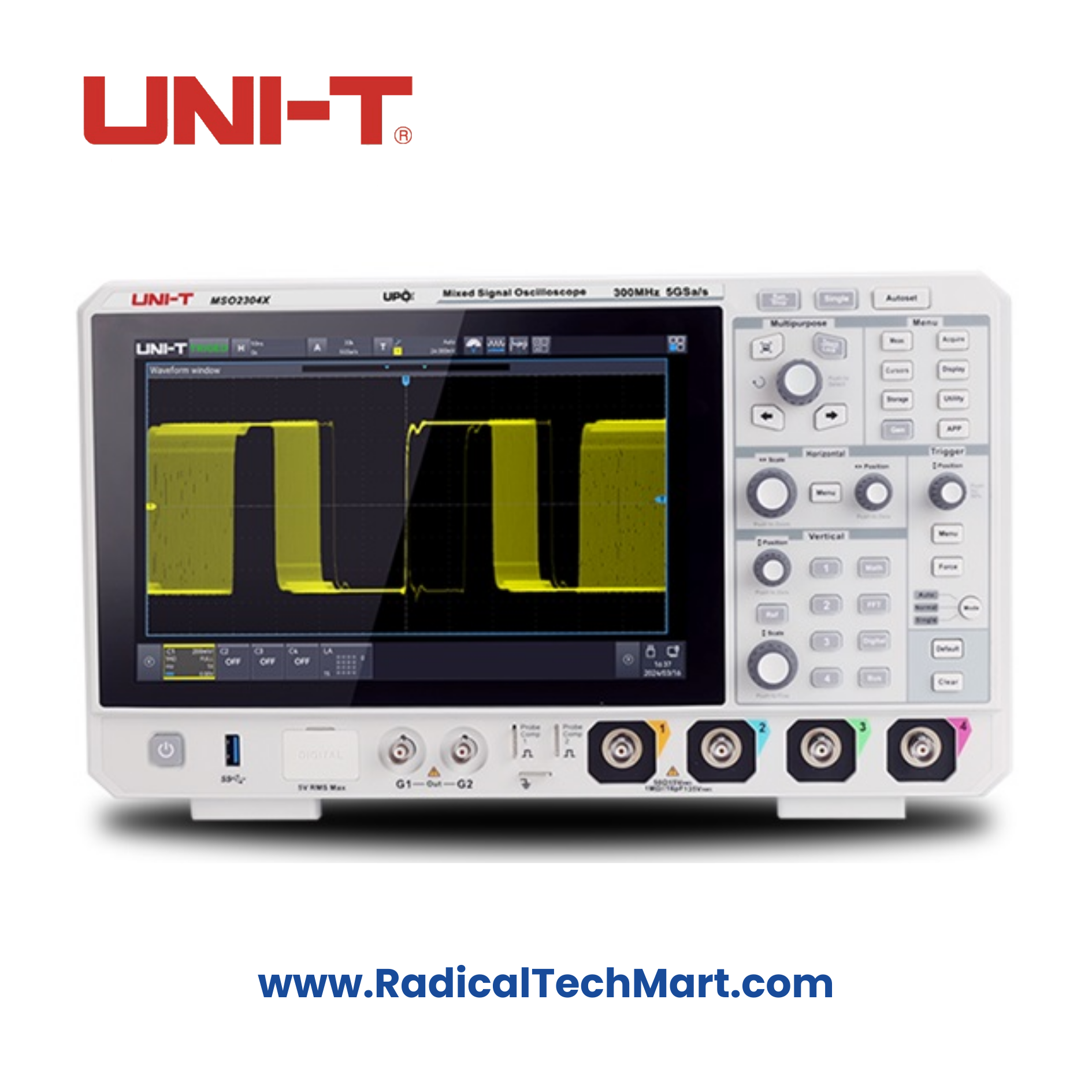 UNI-T MSO2104X Mixed Signal Oscilloscope front view with touchscreen display
