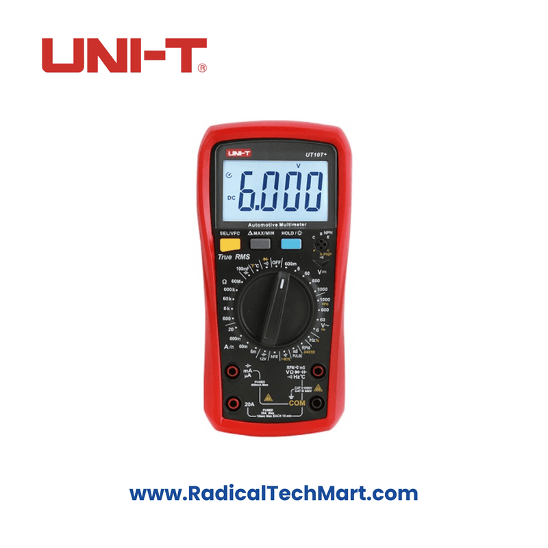 Uni-T UT107+ Automotive Multimeter – Front Display and Probe View