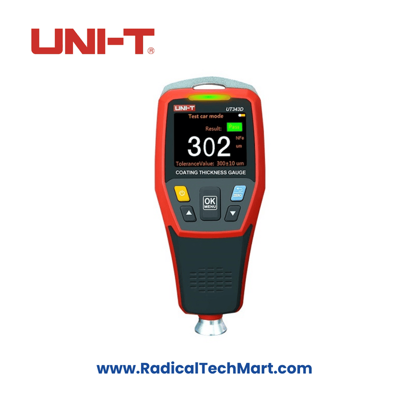 UNI-T UT343D Coating Thickness Gauge front view showing TFT display and probes