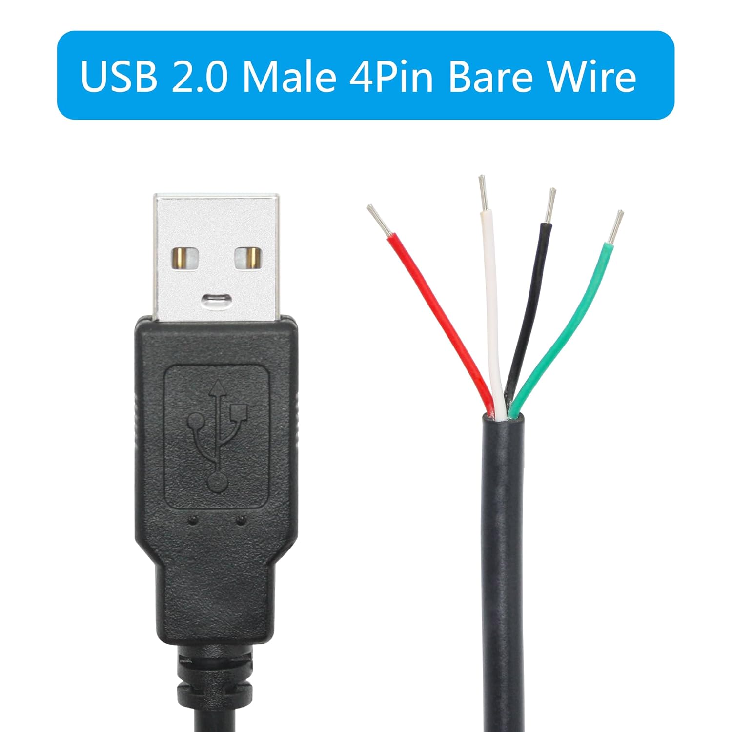 USB A Male Plug to Bare Wire Open End Cable – 5V/2A, 4-Core Pigtail Repair Cable for Keyboards, Mouse, and DIY Projects (1mtr) USB A Male Plug to Bare Wire Open End Cable – 5V/2A, 4-Core Pigtail Repair Cable for Keyboards, Mouse, and DIY Projects (1mtr)