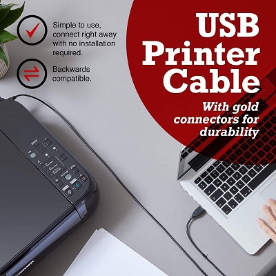 USB A Male to B Male Printer Scanner Cable,Compatible with Canon, Brother, Dell, Epson, HP, Samsung, Lexmark, and Panasonic Printers and Scanners