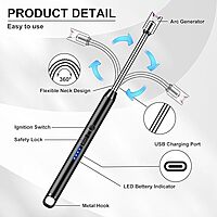 USB Rechargeable Electric Lighter with LED Display –  Windproof Long Arc Lighter for Grill ,BBQ Camping, Fireplace and Stove