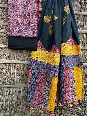 Ajrakh Suit With Applique Work Dupatta Catalogue 2-19 Ajrakh Suit With Applique Work Dupatta Catalogue 2-19