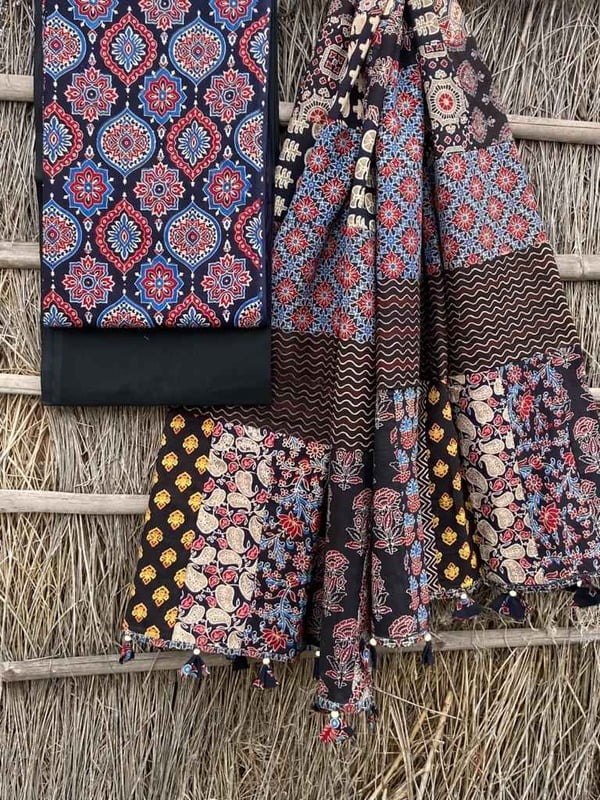Ajrakh Suit With Applique Work Dupatta Catalogue 3-1 Ajrakh Suit With Applique Work Dupatta Catalogue 3-1