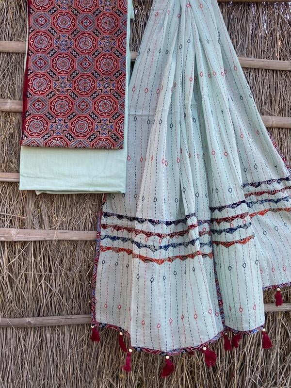 Ajrakh Suit With Kantha Dupatta Catalogue 1-1