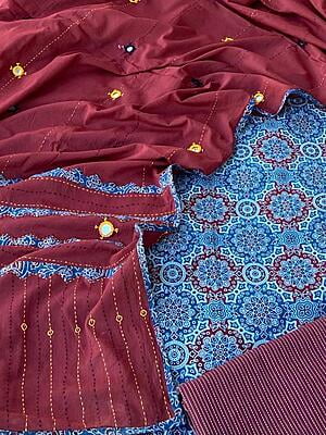 Ajrakh Unstitched Suit With Mirror Work Dupatta-4 Ajrakh Unstitched Suit With Mirror Work Dupatta-4