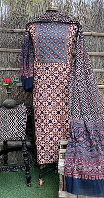 Ajrakh Neck Work Suit With Ajrakh Dupatta Catalogue 1-11 Ajrakh Neck Work Suit With Ajrakh Dupatta Catalogue 1-11