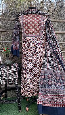 Ajrakh Neck Work Suit With Ajrakh Dupatta Catalogue 1-8 Ajrakh Neck Work Suit With Ajrakh Dupatta Catalogue 1-8