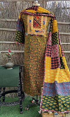 Ajrakh Unstitched Suit With Patch Work Dupatta-10