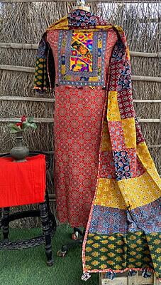 Ajrakh Unstitched Suit With Patch Work Dupatta-2