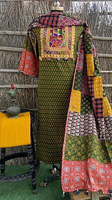 Ajrakh Unstitched Suit With Patch Work Dupatta-3