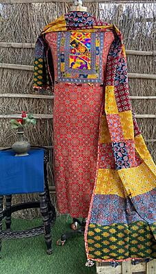 Ajrakh Unstitched Suit With Patch Work Dupatta-5