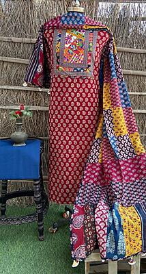 Ajrakh Unstitched Suit With Patch Work Dupatta-6
