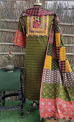 Ajrakh Unstitched Suit With Patch Work Dupatta-7
