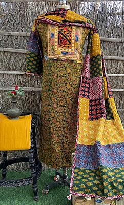 Ajrakh Unstitched Suit With Patch Work Dupatta-8