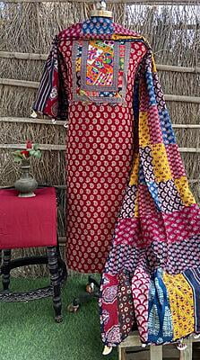 Ajrakh Unstitched Suit With Patch Work Dupatta-9