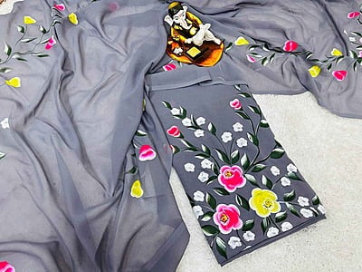 Hand Painted Georgette Suit-Grey-1