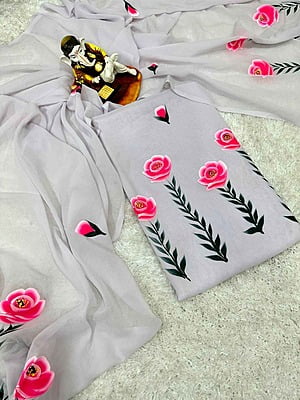 Hand Painted Georgette Suit-OffWhite-1