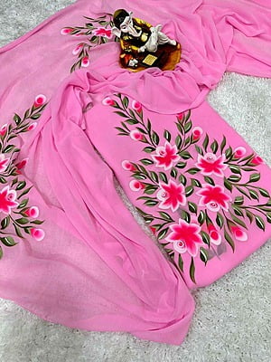 Hand Painted Georgette Suit-Pink-1