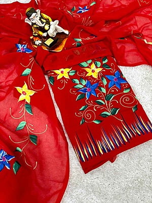 Hand Painted Georgette Suit-Red-1