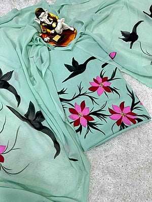 Hand Painted Georgette Suit-SeaGreen-2