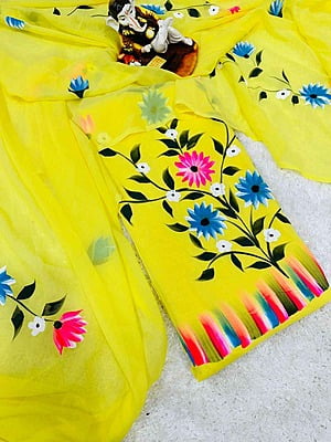 Hand Painted Georgette Suit-Yellow-1