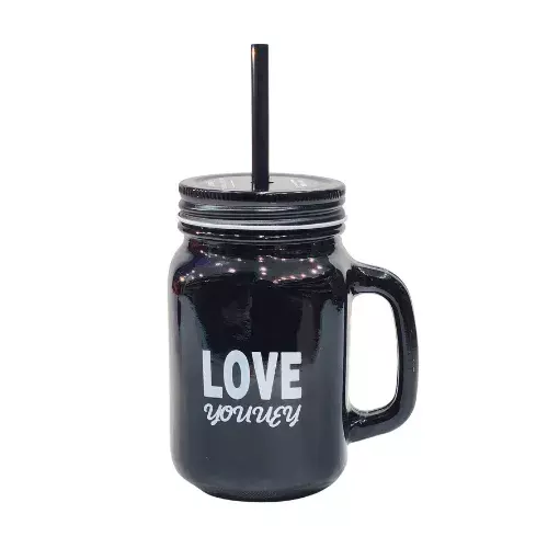 Black Glass Mug with Handle, Lid & Straw