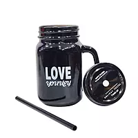Black Glass Mug with Handle, Lid & Straw