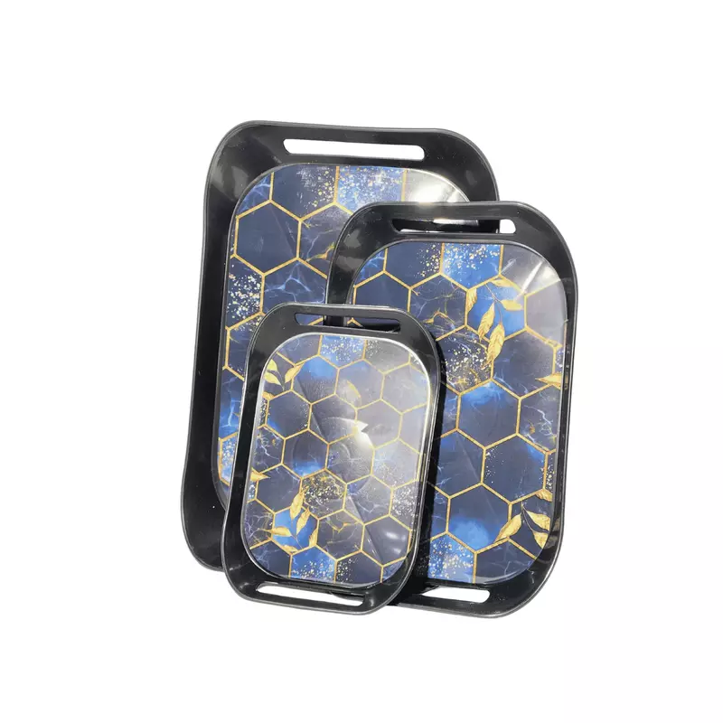 Black Honeycomb Print Tray with Handle 3Pcs Set